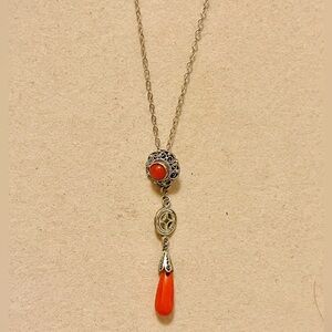 VTG?Antique?800 St Silver Coral Teardrop Pendant 925 Sterling Chain Necklace 18"